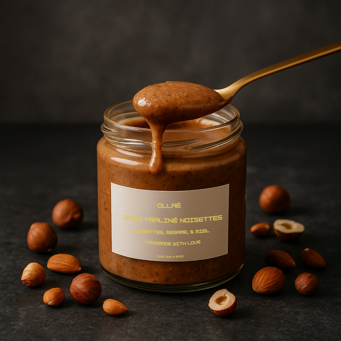 Fabrication artisanale Olmaé : sélection de matières naturelles et savoir-faire français. Pâte de praliné noisettte Zrir.